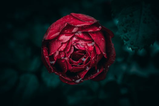 A stunning close-up of a red rose covered in raindrops, perfect for romantic themes.