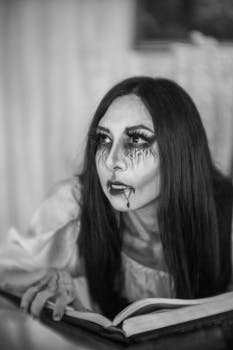 Black and white portrait of a woman in horror makeup, adding an eerie touch to Halloween festivities.