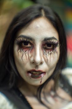 Close-up of a woman with dramatic Halloween makeup, creating an eerie effect, photographed in Mexico.