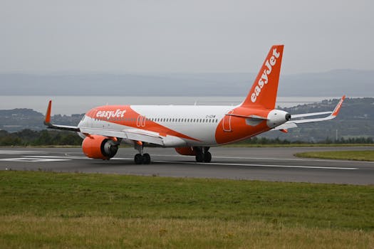EasyJet Airbus A320neo preparing for takeoff on a cloudy day at Bristol Airport.