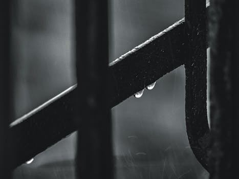 Elegant monochrome close-up of raindrops on a metal frame, emphasizing texture and contrast.