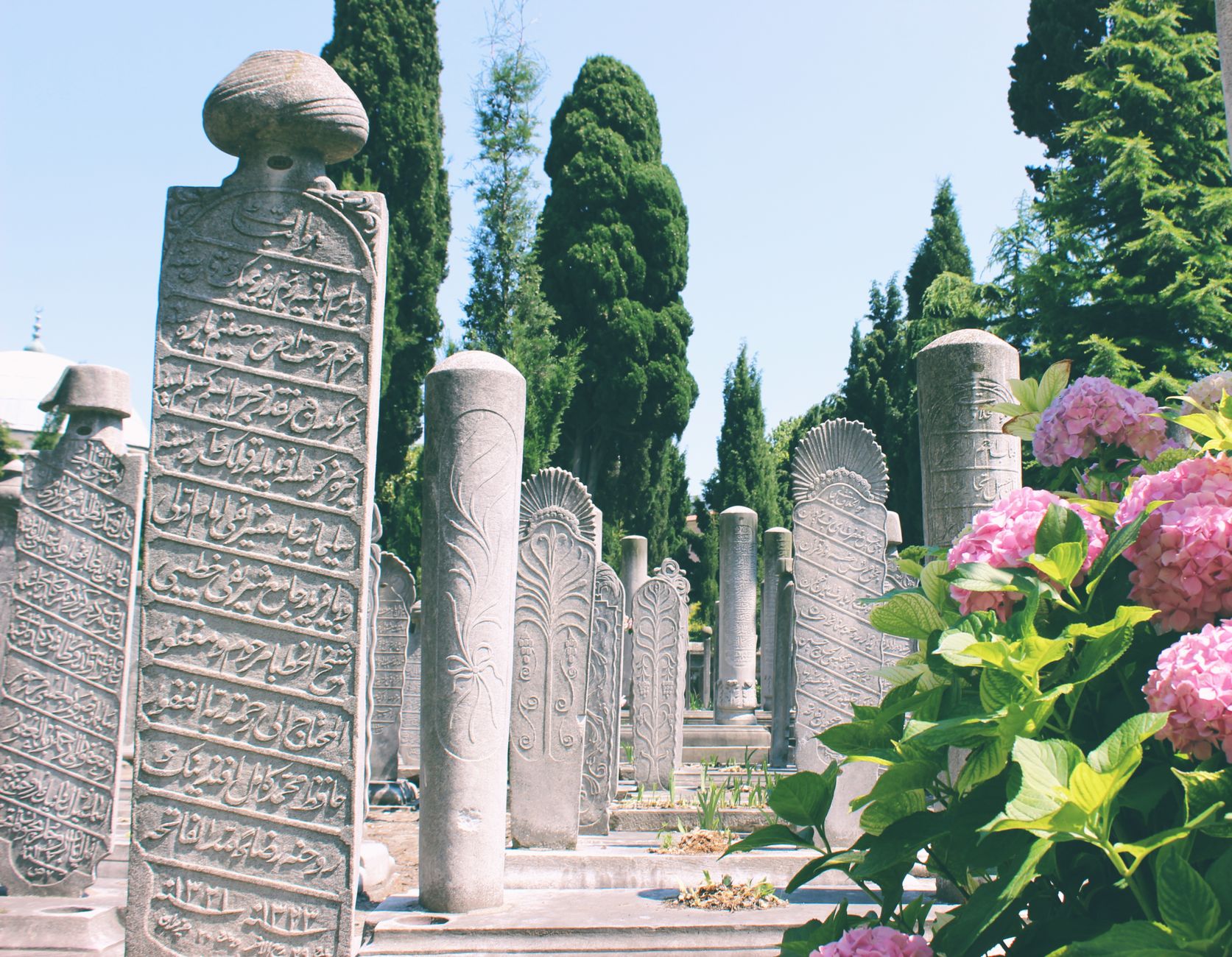 Explore detailed Ottoman tombstones amidst lush foliage in an İstanbul cemetery.