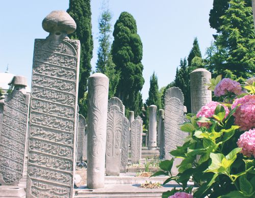 Free Explore detailed Ottoman tombstones amidst lush foliage in an İstanbul cemetery. Stock Photo