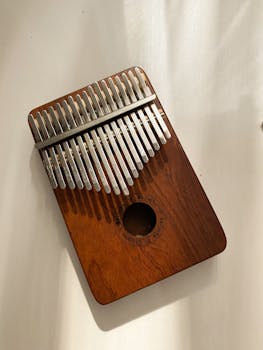 A wooden kalimba resting on a softly lit surface highlighting its design.