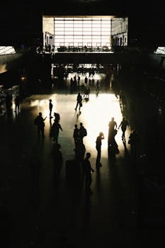 Silhouetted travelers in a dimly lit airport terminal with a bright window.