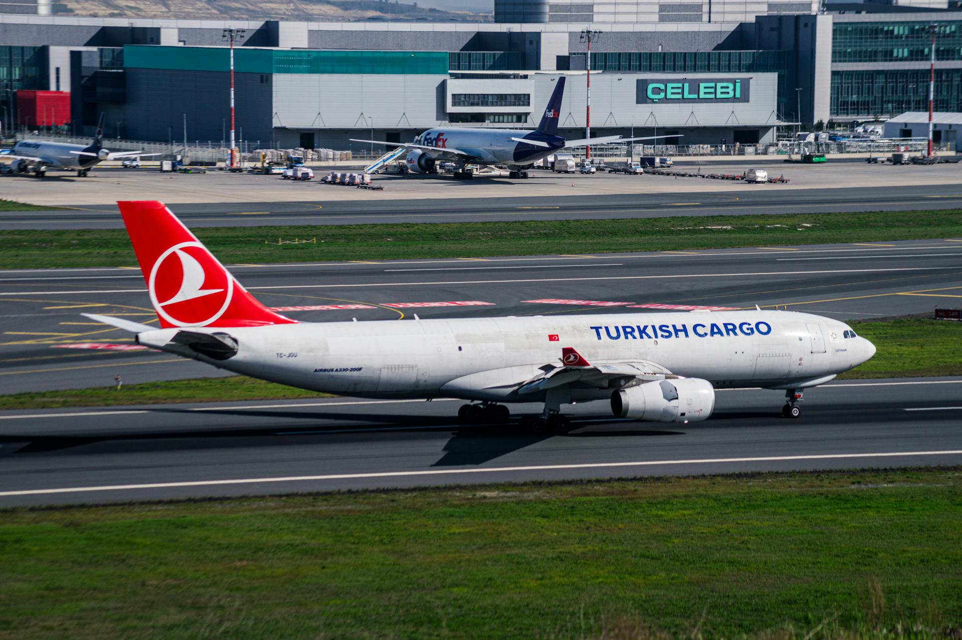 Turkish Cargo plane on runway at Istanbul Airport, Turkey, vibrant day view.