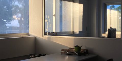 A serene office space with evening sunlight casting shadows through windows.