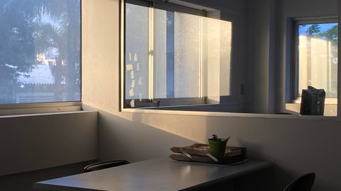A serene office space with evening sunlight casting shadows through windows.