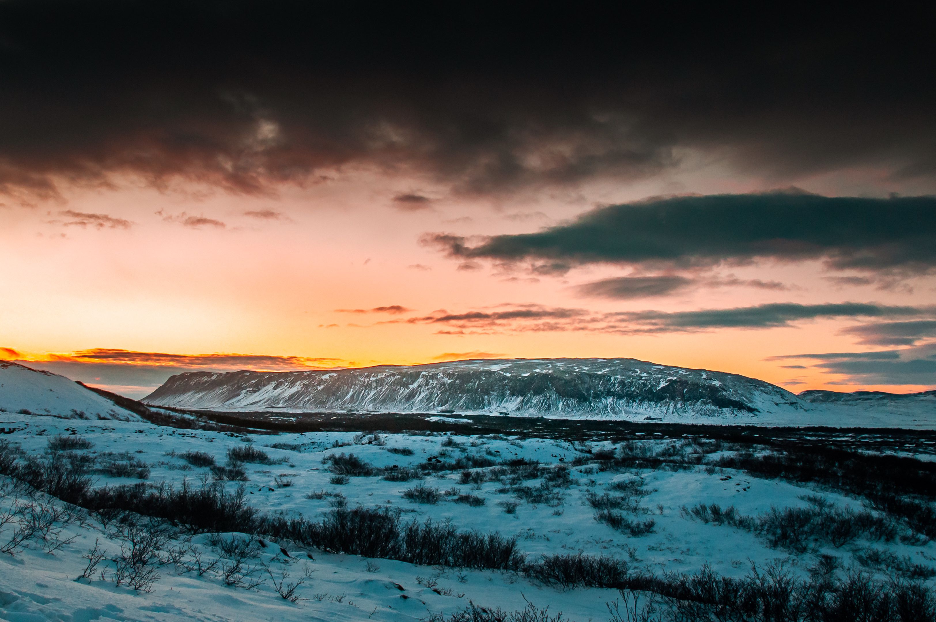 Snow-capped mountains in Iceland during April