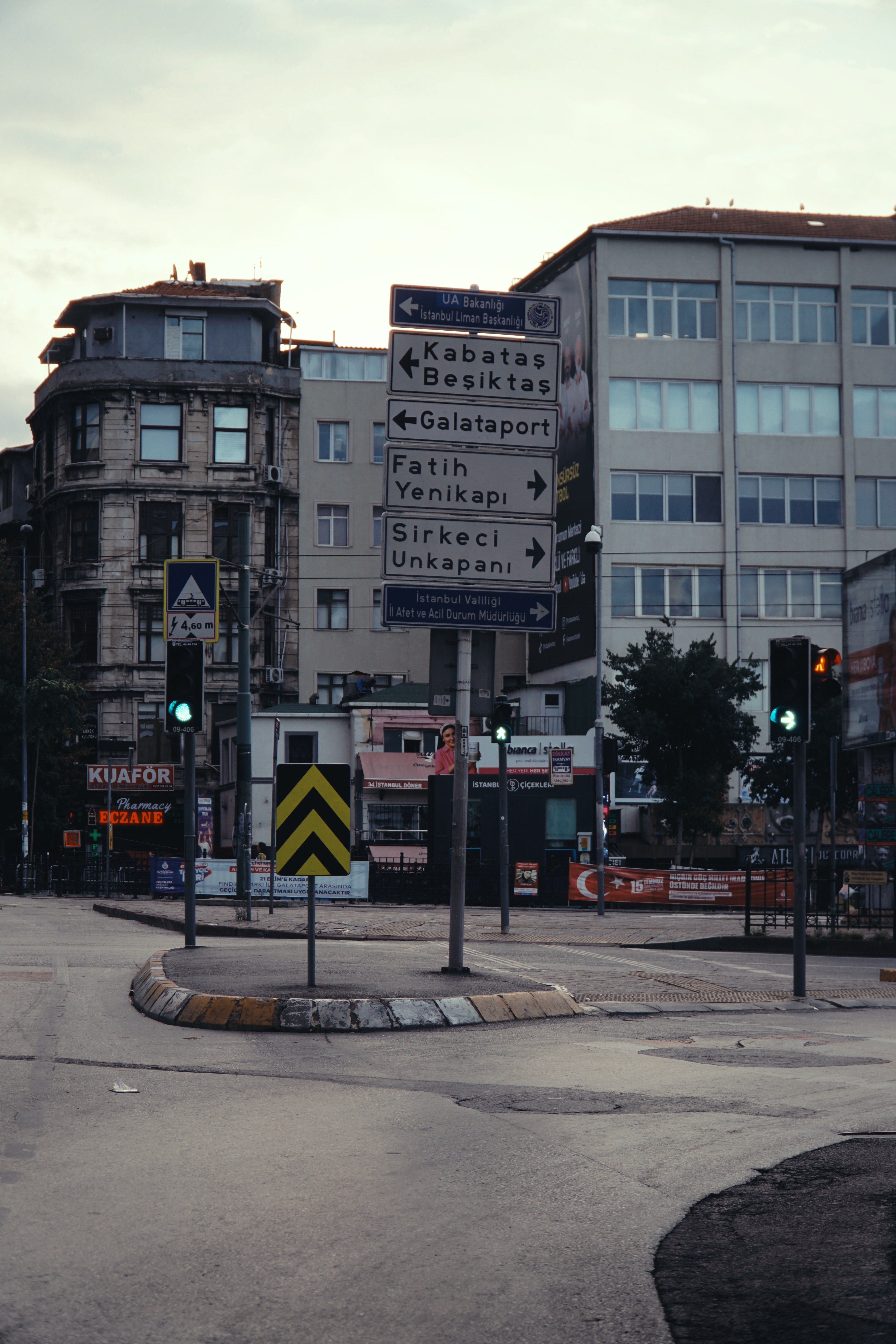 Downtown Istanbul intersection with historic architecture and signposts leading to famous districts.