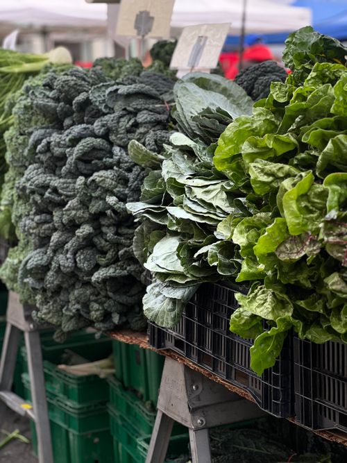 Free Stacks of fresh kale and lettuce on display at a bustling farmers market. Stock Photo