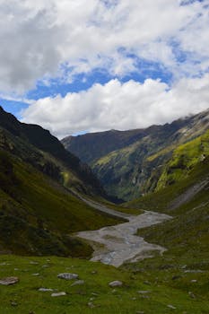 Breathtaking view of a mountain valley in Himachal Pradesh, showcasing lush greenery and natural beauty.