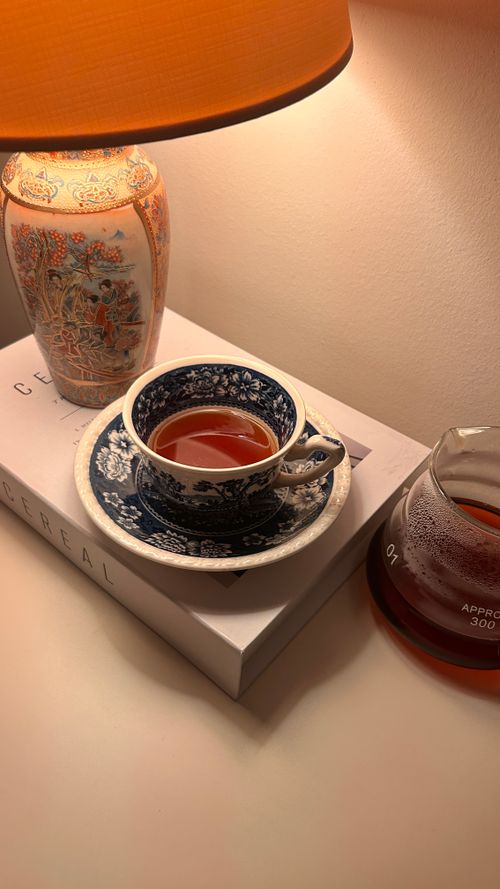 Free Cozy setting with a tea cup on a book, lit by an ornate table lamp. Stock Photo