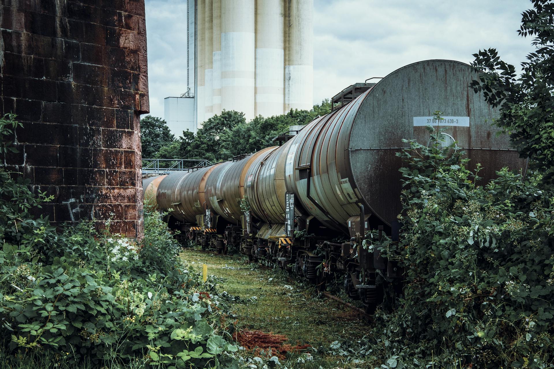 A row of rusty tank wagons on an overgrown industrial railway track.
