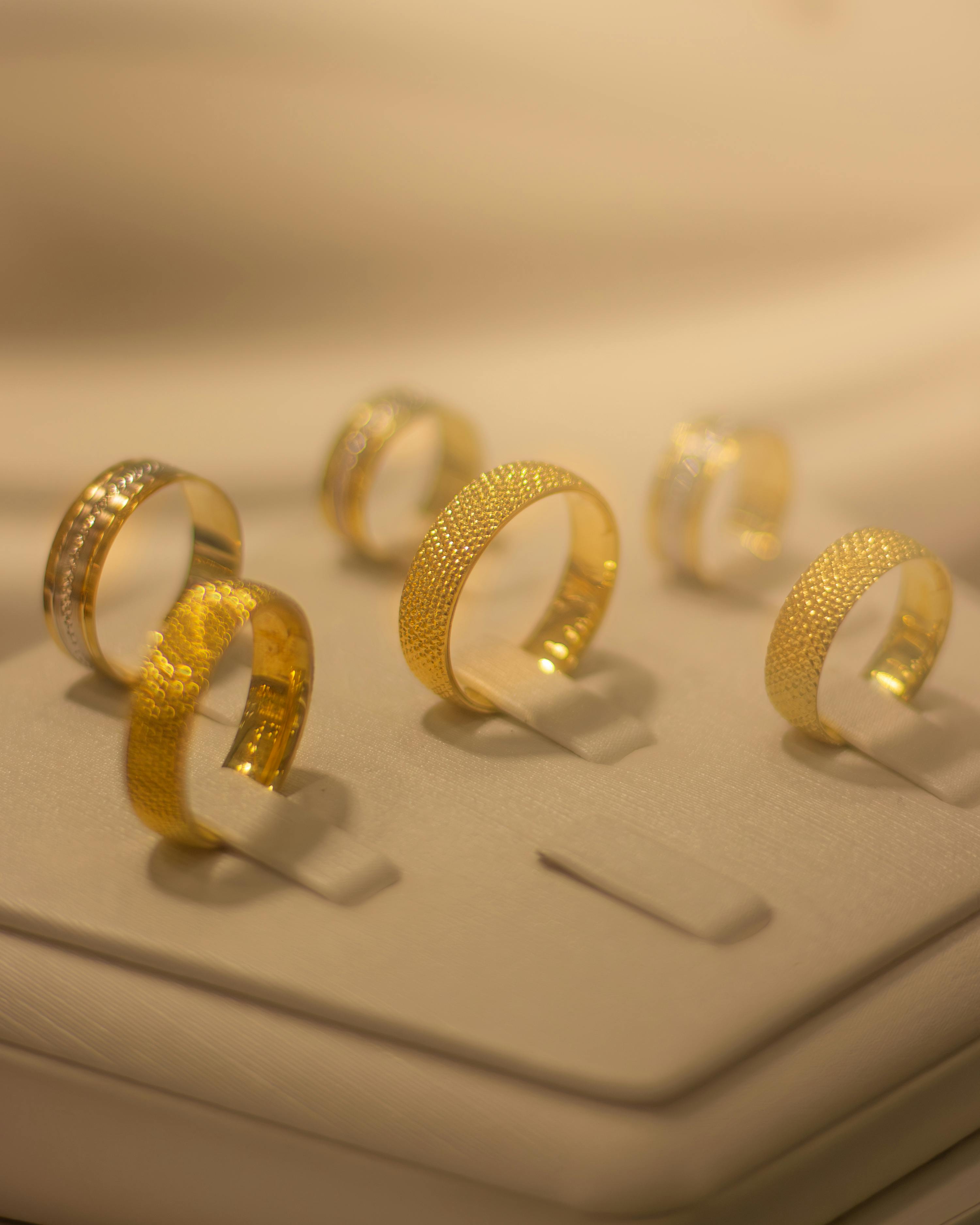 elegant gold wedding rings on display