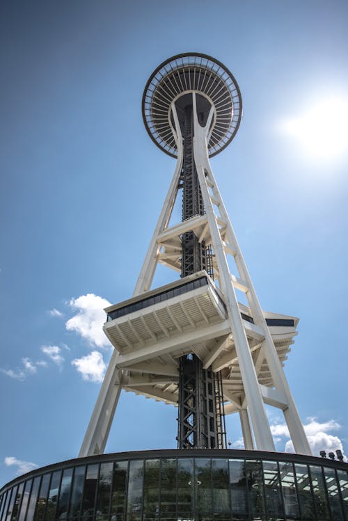 Free Space Needle in Seattle on a clear sunny day showcasing architectural marvel. Stock Photo