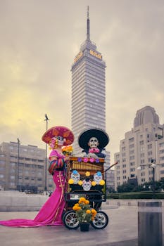 Colorful Catrina figures in front of Torre Latinoamericana during Day of the Dead in Mexico City.
