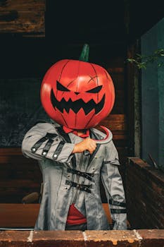 Person in a pumpkin head costume with a hook hand in a rustic indoor setting.