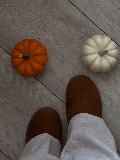 Free Top-down view of orange and white pumpkins alongside brown boots on a wooden floor. Stock Photo