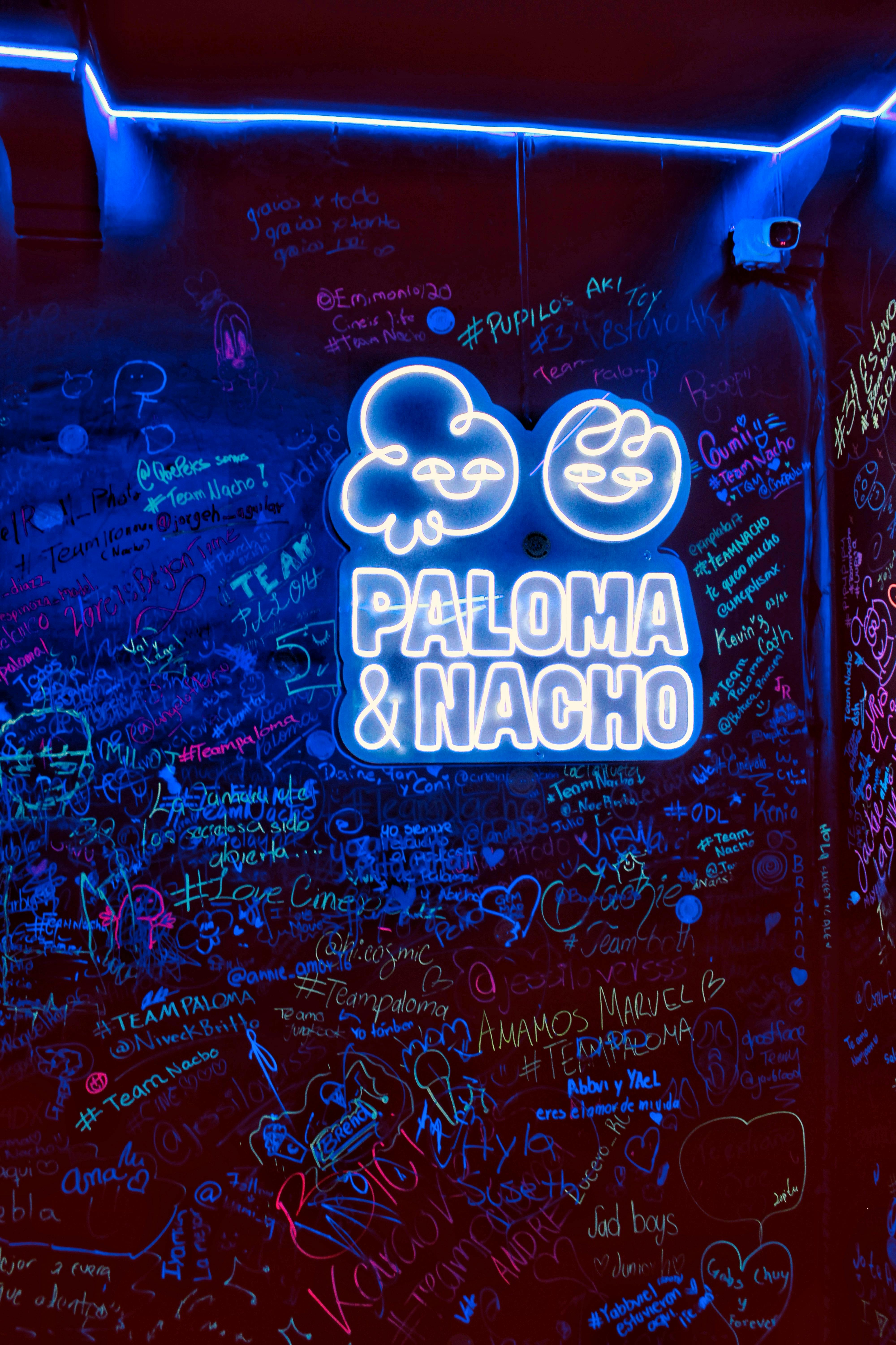 Neon sign on graffiti-covered wall, vibrant and artistic urban scene.