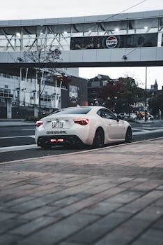 White sports car parked on a city street with modern architecture in the background.