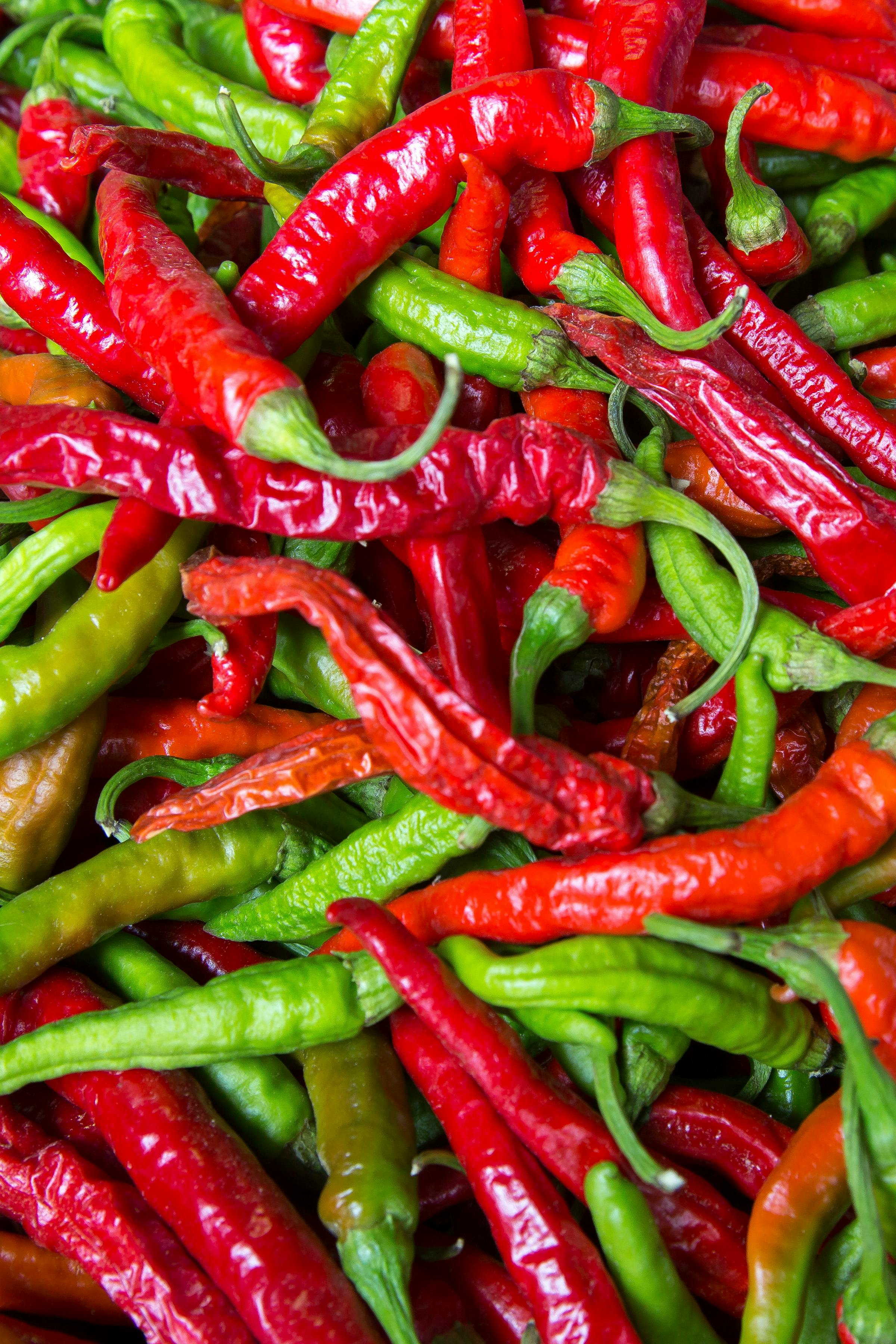 pile of red and green chili peppers