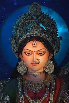 Close-up of an intricately designed Durga idol during Durga Puja in Kolkata, India.