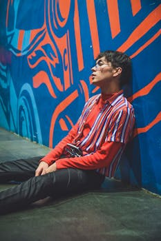 时尚的年轻人穿着彩色条纹，坐在充满活力的墙壁艺术背景前