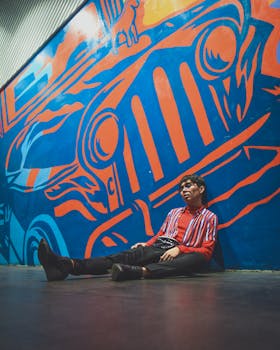 一位穿着条纹服装的时尚年轻人坐在色彩缤纷的街头艺术壁画旁