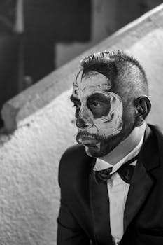 A man in traditional Dia de los Muertos makeup and suit, reflecting cultural elegance.