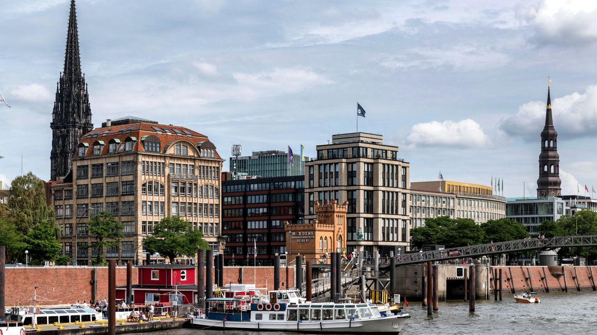 Panoramablick auf die Hamburger Skyline und den Hafen mit Booten bei Tageslicht