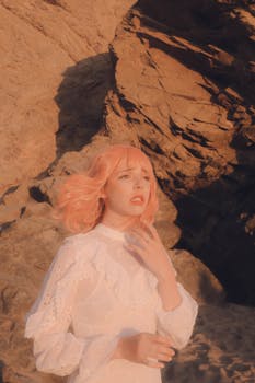 一名粉红头发的女子站在岩石海滩上，营造出一幅忧郁而沉思的场景