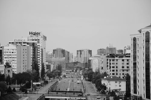 Free A striking black and white cityscape of Almaty, capturing the urban skyline with modern buildings. Stock Photo