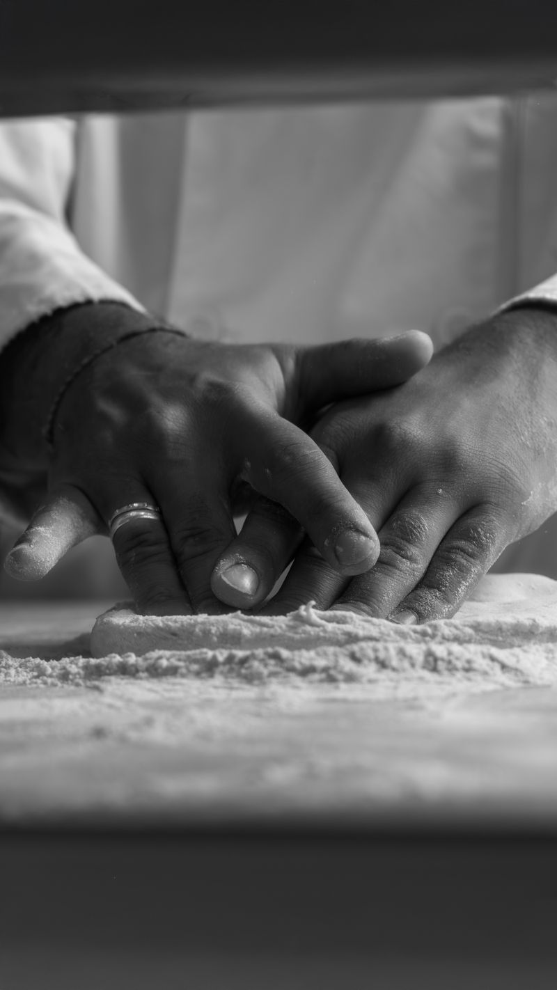 Black and white photograph of two hands working dough on a floured bench