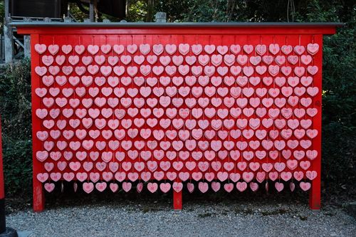 Free Heart-shaped ema plaques hanging in Inuyama, Aichi, Japan, symbolizing wishes and prayers. Stock Photo