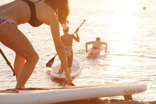 Back view of full length unrecognizable people in swimwear using paddleboards on waves in back lit