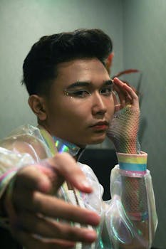 一位身着彩色时装、在室内摆出独特姿势的男子的时尚肖像