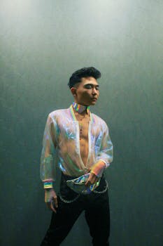 一位模特身穿复古金属服装，背着时尚腰包，倚在纹理墙壁上摆姿势