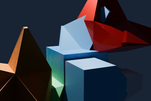 Abstract arrangement of colorful geometric shapes on a dark backdrop.