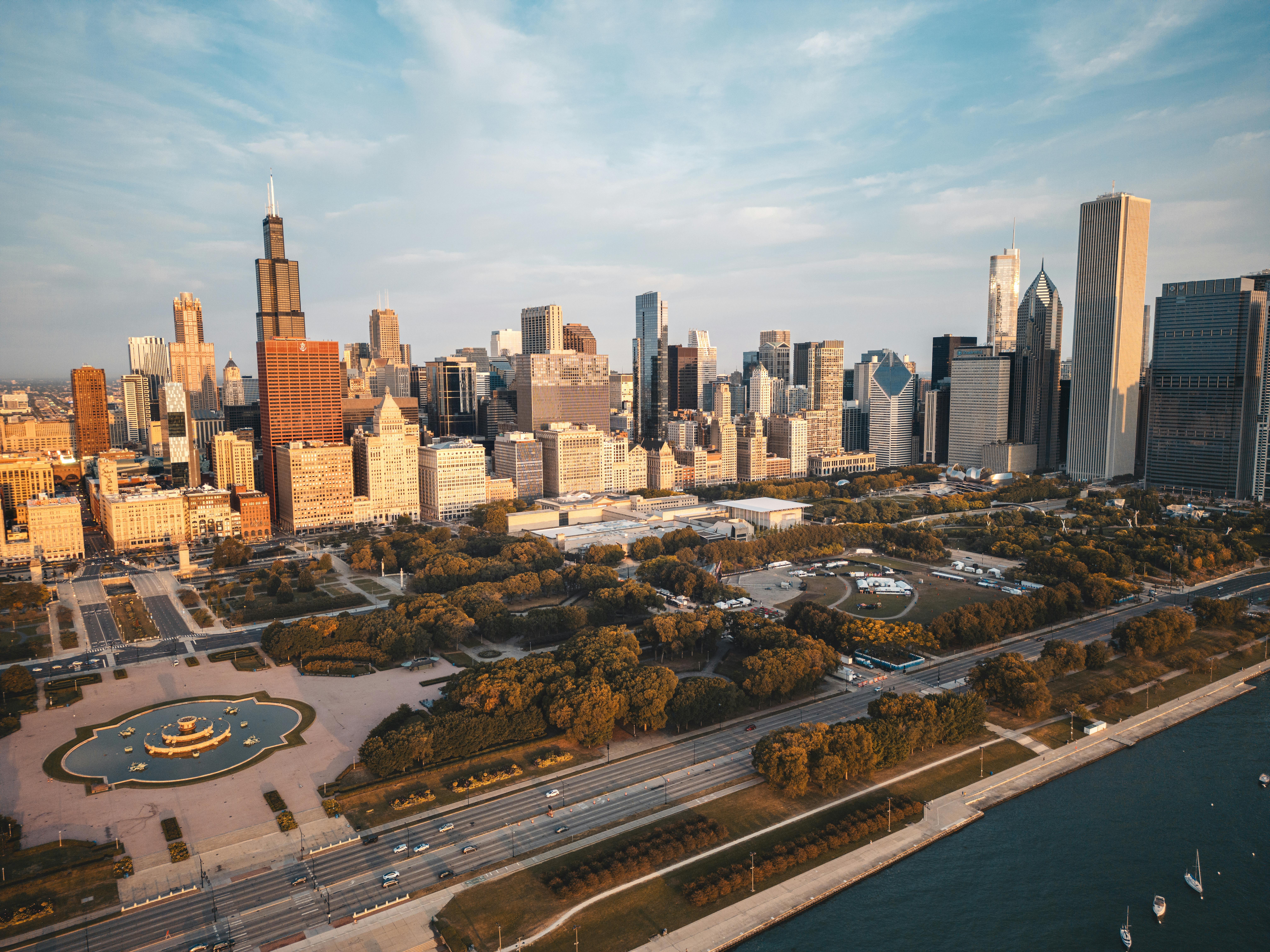 Aerial view of Chicago skyline at dusk with waterfront