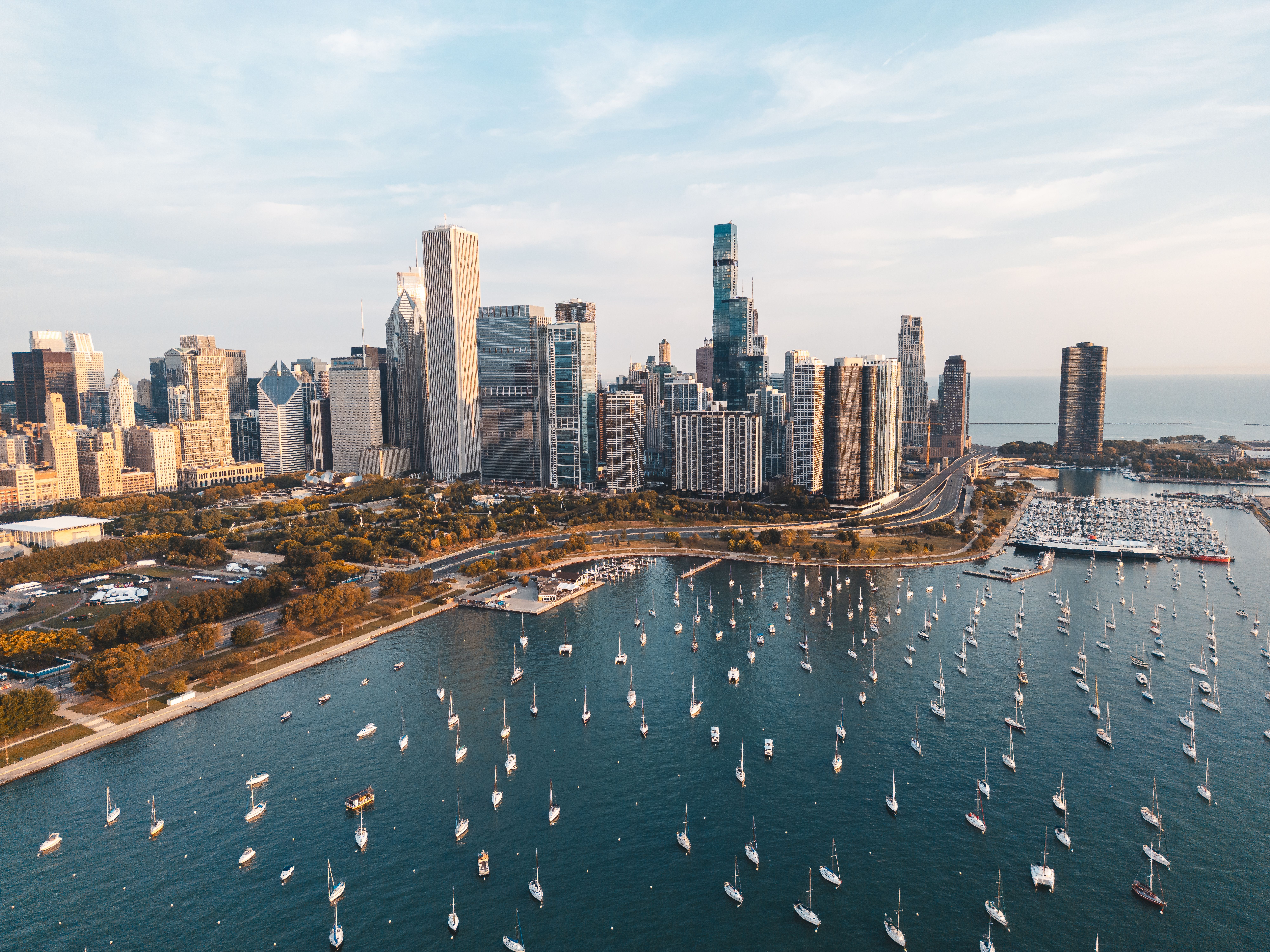 Aerial View of Chicago Skyline and Marina · Free Stock Photo