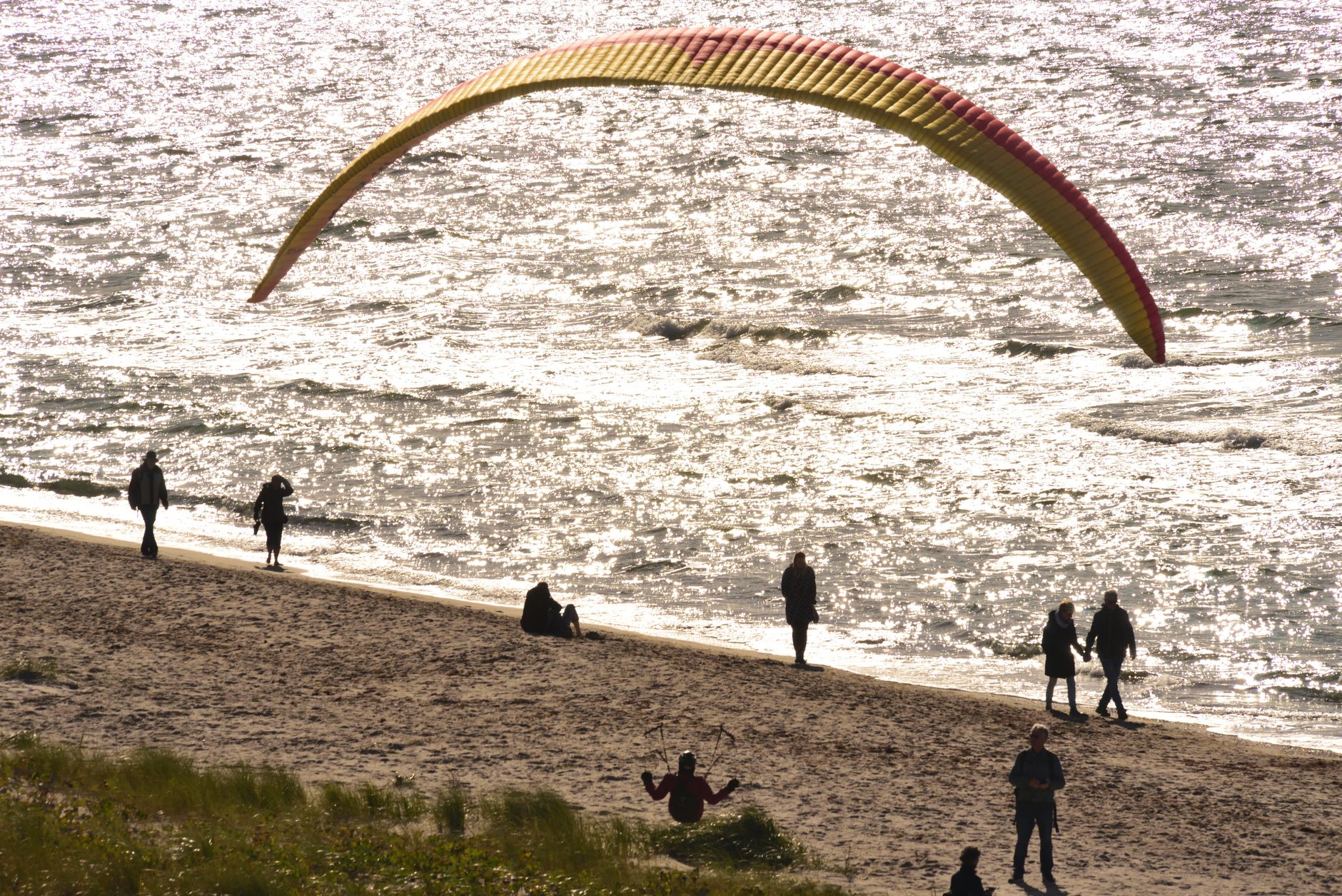 Paraglider soaring above the beach at Ahrenshoop, Germany, capturing the essence of coastal leisure.