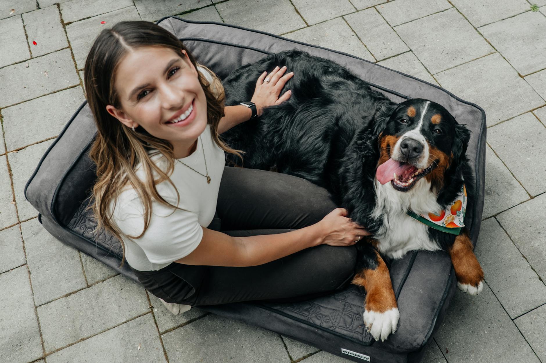 A happy Bernese Mountain Dog relaxing with a woman outdoors. Perfect for pet and lifestyle themes.