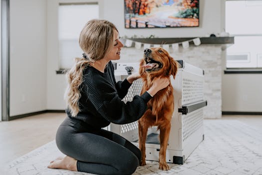Woman in yoga pants with golden retriever next to stylish dog crate indoors.