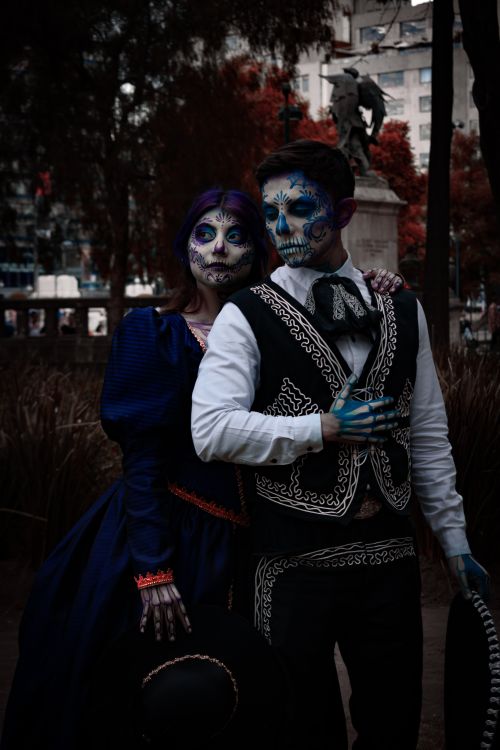 Colorful Day Of The Dead Couple In Traditional Dress Free Stock Photo colorful-day-of-the-dead-couple-in-traditional-dress-free-stock-photo
