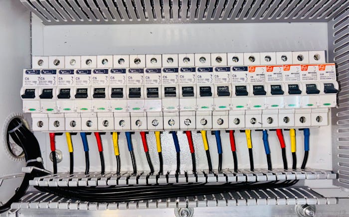 Circuit breaker panel with colour-coded wiring
