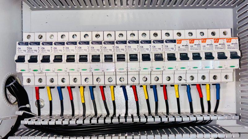 open residential breaker panel with labeled circuits