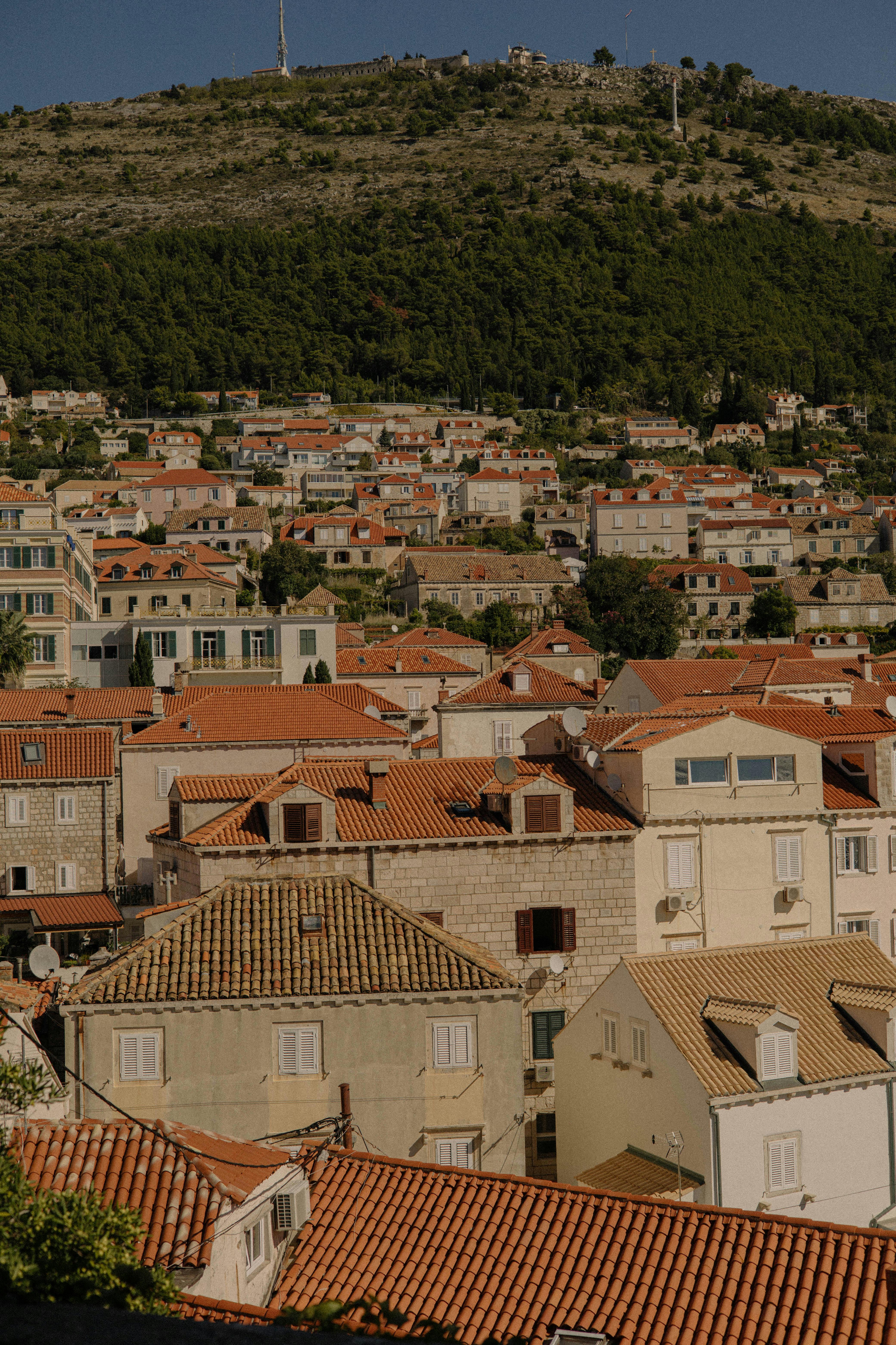 Aerial view of Dubrovnik's charming terracotta rooftops against lush hills.