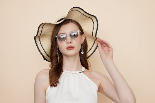 Stylish female posing in sunglasses with a chic summer hat in a minimalist setting.