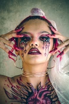 Expressive artistic makeup and tattoos on a woman in Mexico City, evoking a vivid and dramatic aesthetic.